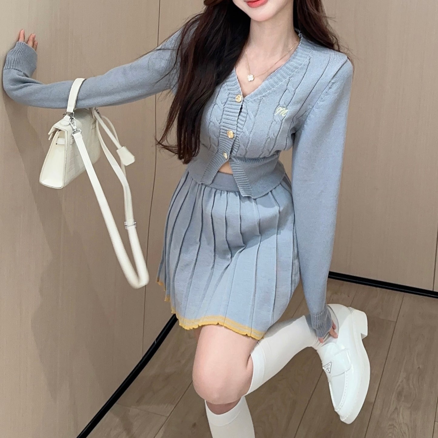 Fashionable And Sexy V-Neck Single-Breasted Knitted Cardigan Top And Skirt Two-Piece Set