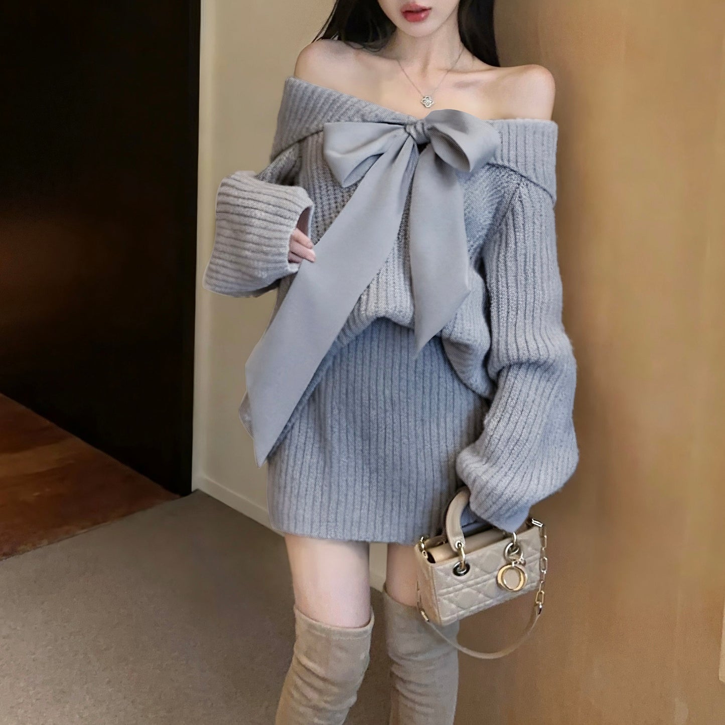 Off-Shoulder Loose Bow Tie Knit Sweater And Skirt Two-Piece Set