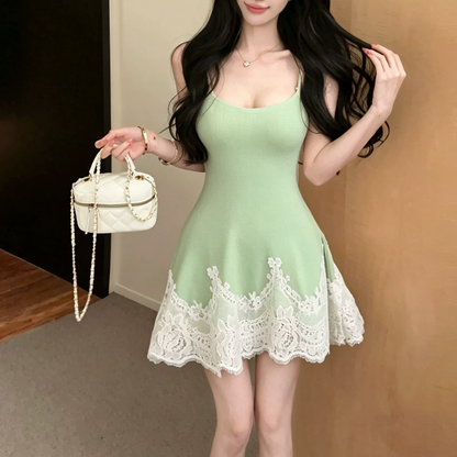Lace Patchwork Waist-Cinching Suspender Dress