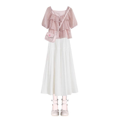 Sweet Solid Color Shirt Top Casual Skirt Two-Piece Set
