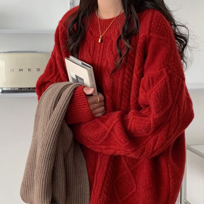 Christmas Red Cable-Knit Crew Neck Pullover Sweater