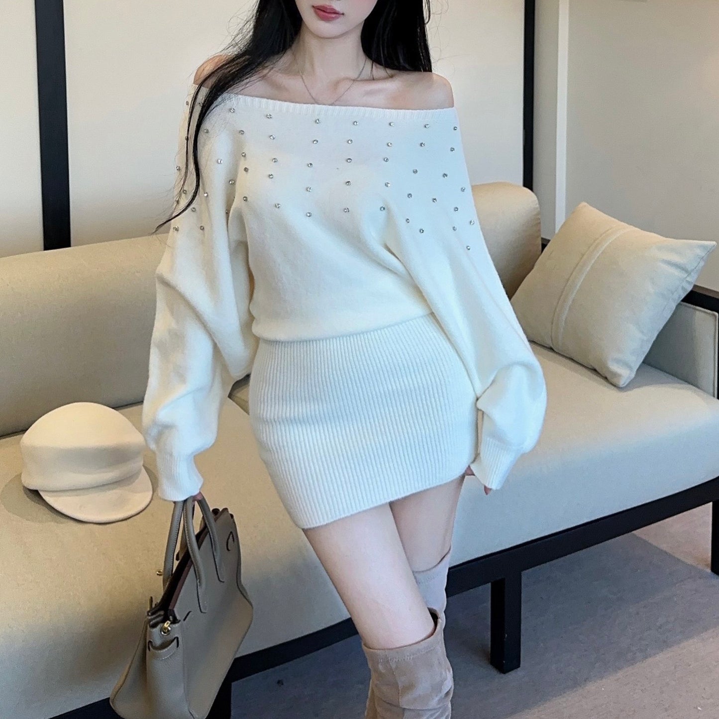 French-Style Sexy Off-Shoulder Rhinestone Knit Dress