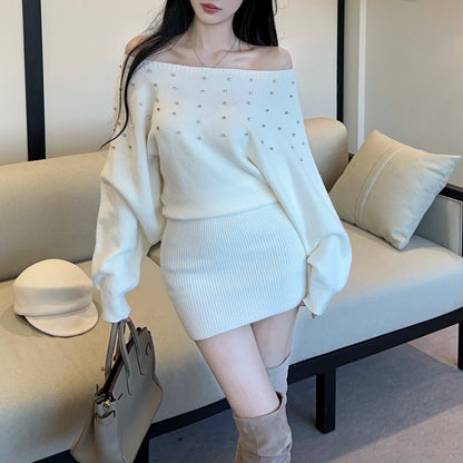 French-Style Sexy Off-Shoulder Rhinestone Knit Dress