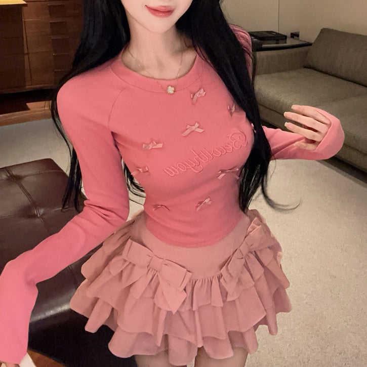 Sweet And Sexy Bow Embroidered Round Neck Long-Sleeved T-Shirt High Waist Skirt Suit