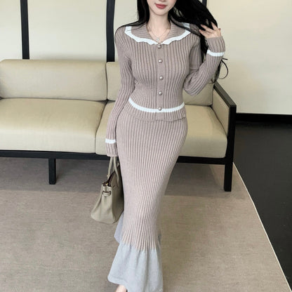 Sexy Color-Block Collared Long-Sleeve Top And High-Waisted Skirt Set