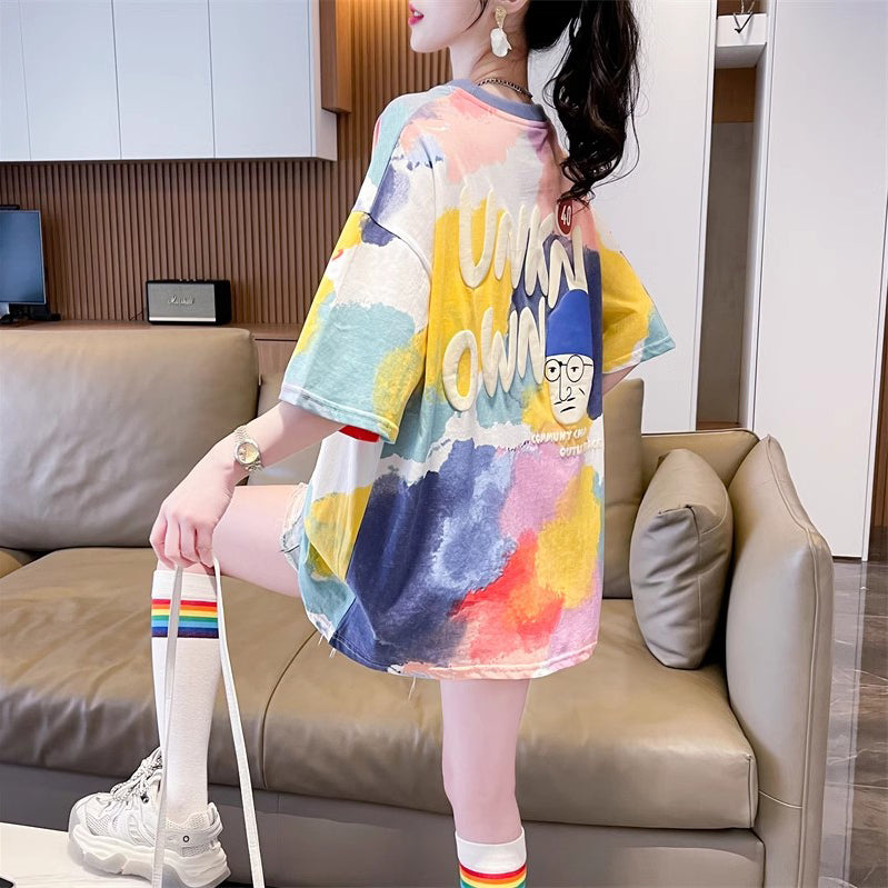 Loose-Fitting Oversized Mid-Length Tie-Dye Gradient Top