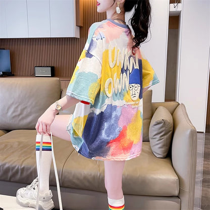 Loose-Fitting Oversized Mid-Length Tie-Dye Gradient Top