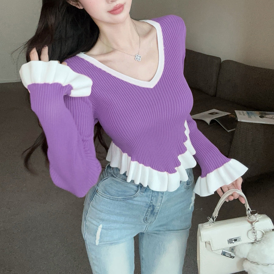 Ruffle Contrast Color Fashionable Sexy Irregular Long-Sleeved Knitted T-Shirt