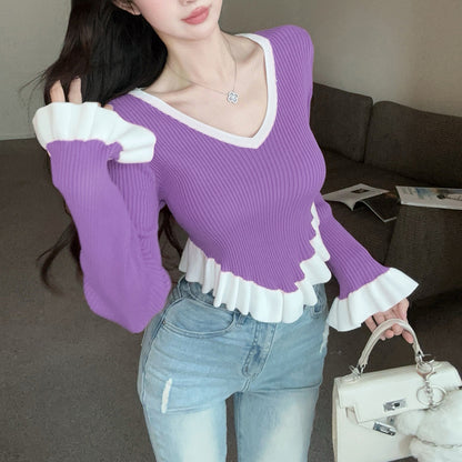 Ruffle Contrast Color Fashionable Sexy Irregular Long-Sleeved Knitted T-Shirt