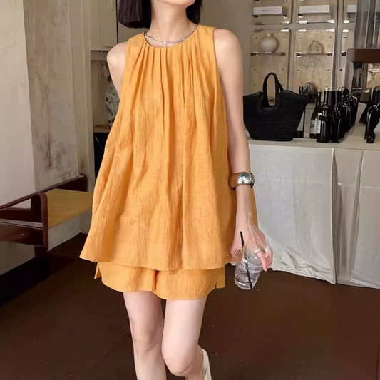 Sleeveless Cotton-Linen Top & Loose Shorts Two-Piece Set