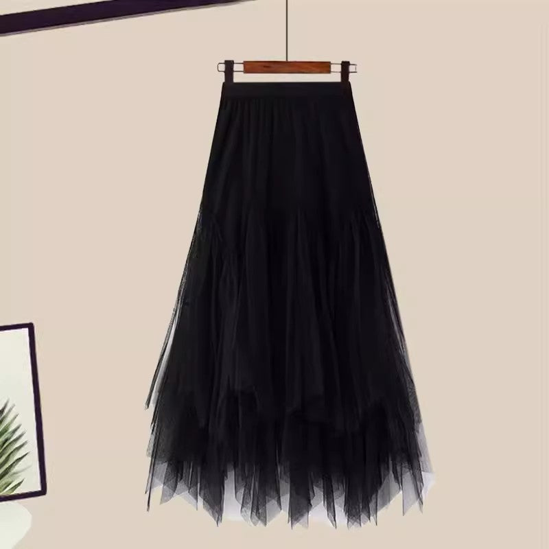 Ruffled V-Neck Short-Sleeved Mesh Skirt Two-Piece Set