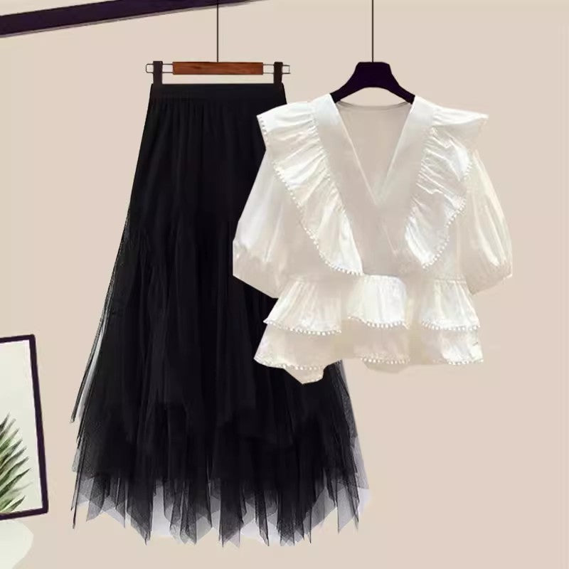 Ruffled V-Neck Short-Sleeved Mesh Skirt Two-Piece Set