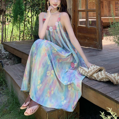 Seaside Vacation Oil Painting Bohemian Style Dress
