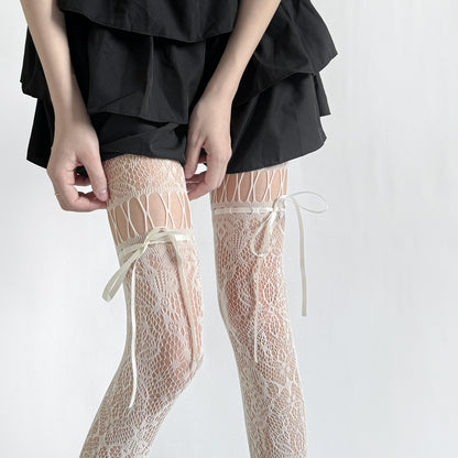 Retro Hollow Lace Bow Tie Fishnet Stockings