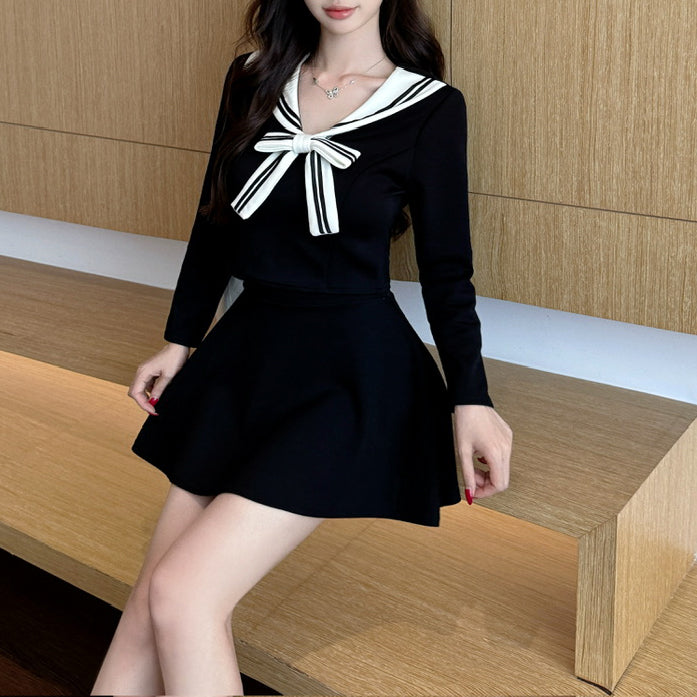 Navy Collar Long-Sleeved Cropped Top And A-Line Skirt Two-Piece Set