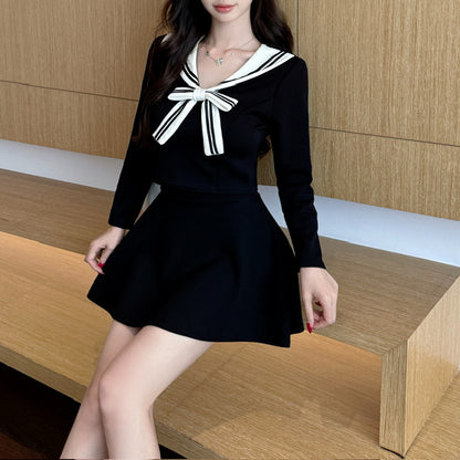 Navy Collar Long-Sleeved Cropped Top And A-Line Skirt Two-Piece Set