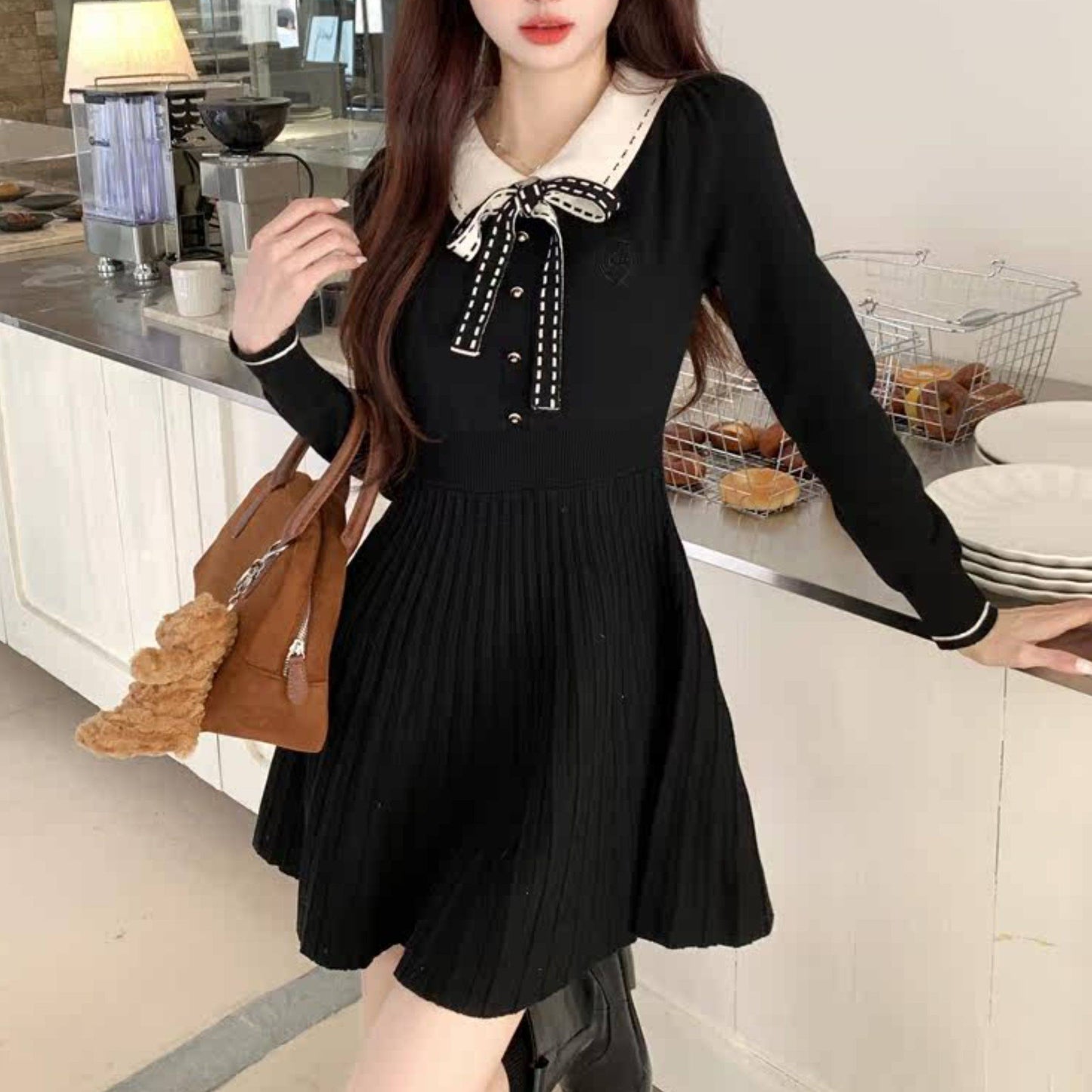 Polo-Neck Knitted Black Dress