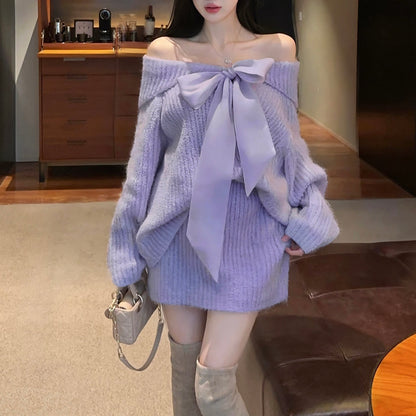 Off-Shoulder Loose Bow Tie Knit Sweater And Skirt Two-Piece Set