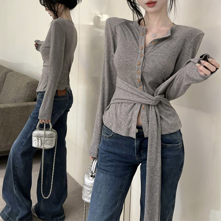 Single-Breasted Fashionable Sexy Chic Long-Sleeved Tie T-Shirt
