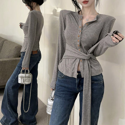 Single-Breasted Fashionable Sexy Chic Long-Sleeved Tie T-Shirt