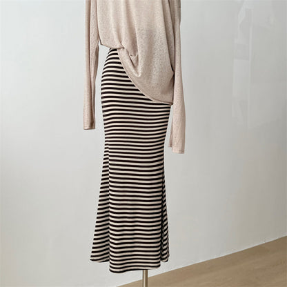 Loose Long-Sleeve Top And Striped Fishtail Skirt Set