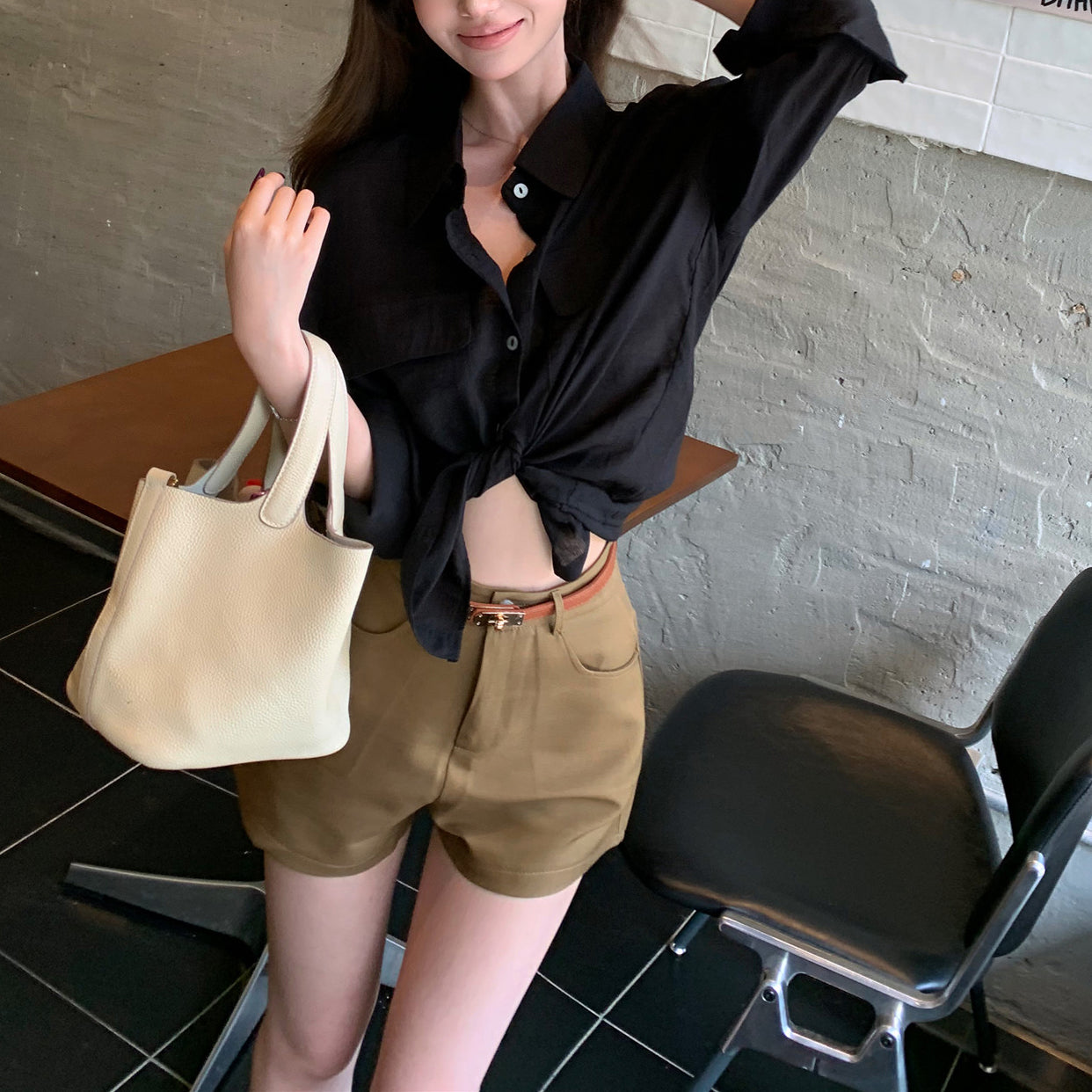 Polo-Collar Single-Breasted Shirt And Loose Shorts Set