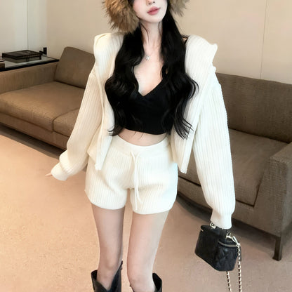 Casual Fashion Hooded Loose Long Sleeve Knitted Cardigan Sweater Drawstring Shorts Two-Piece Set
