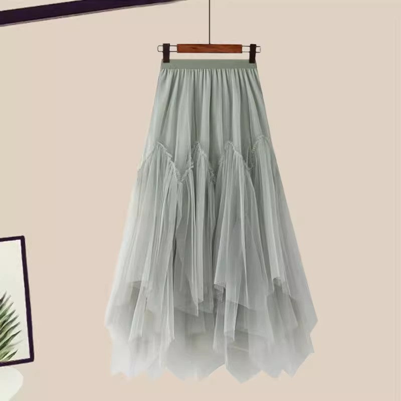 Ruffled V-Neck Short-Sleeved Mesh Skirt Two-Piece Set
