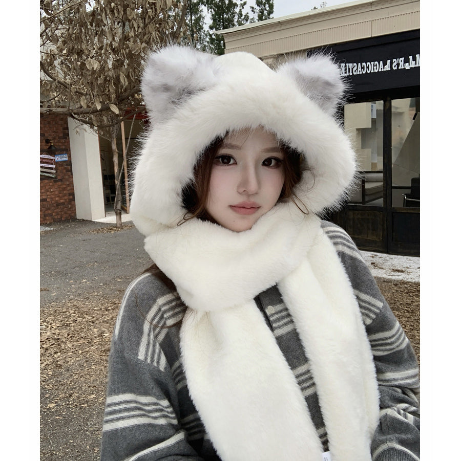 Cute Fox Windproof Winter Scarf Gloves Integrated Warm Plush Three-Piece Set