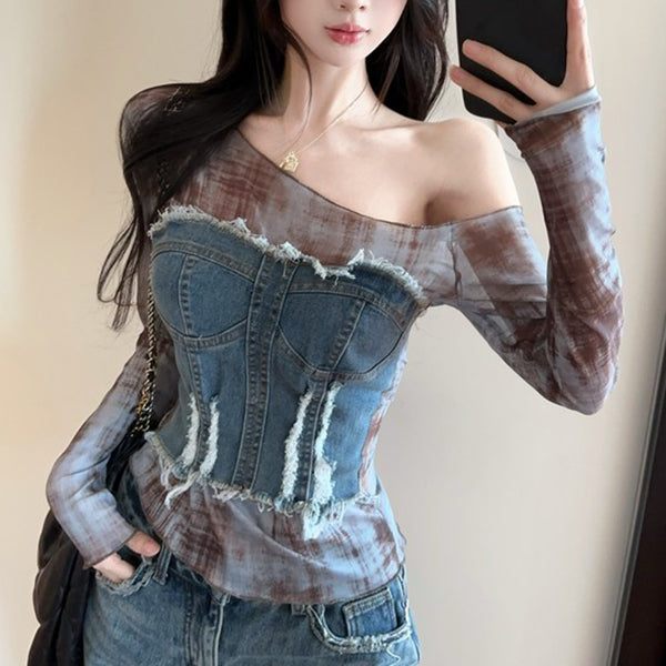 Printed Denim Long-Sleeved T-Shirt