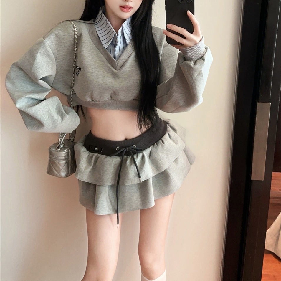 French Sexy Contrast Color Fake Two-Piece Sweatshirt High Waist Skirt Two-Piece Set