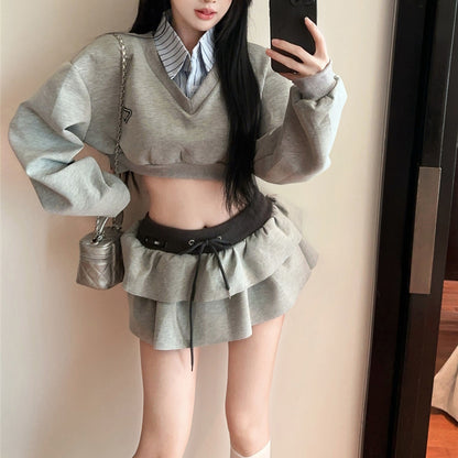 French Sexy Contrast Color Fake Two-Piece Sweatshirt High Waist Skirt Two-Piece Set