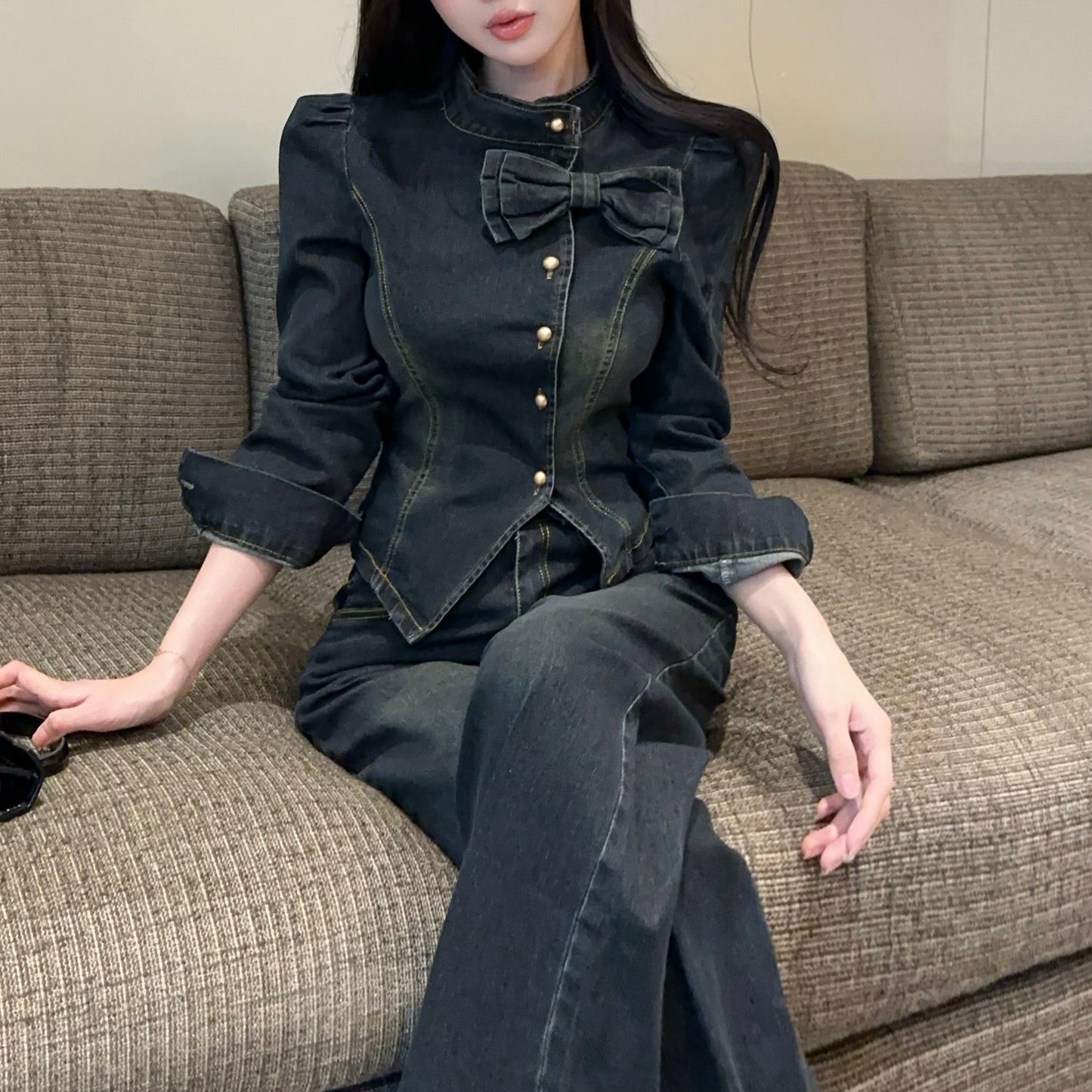 French-Style Sexy Bow-Knot Irregular Denim Top And High-Waisted Pants Set