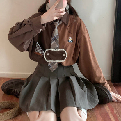 Retro Embroidered Corduroy Color-Blocked Tie Shirt