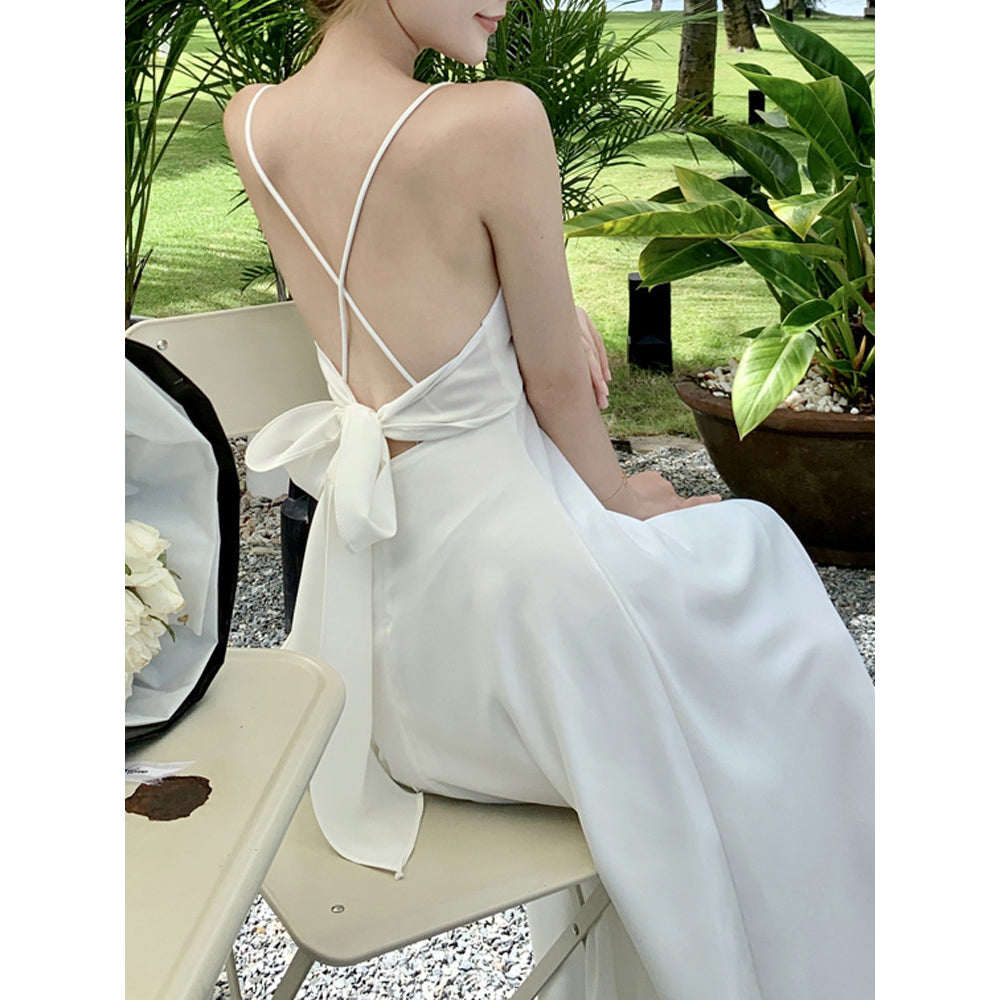 White Sexy Backless Spaghetti-Strap Vacation Dress