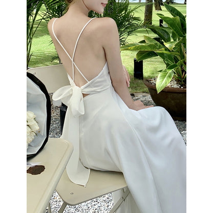 White Sexy Backless Spaghetti-Strap Vacation Dress
