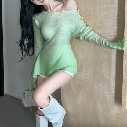 Gradient Color Off-Shoulder Metal Button Sexy Irregular Long-Sleeved Blouse