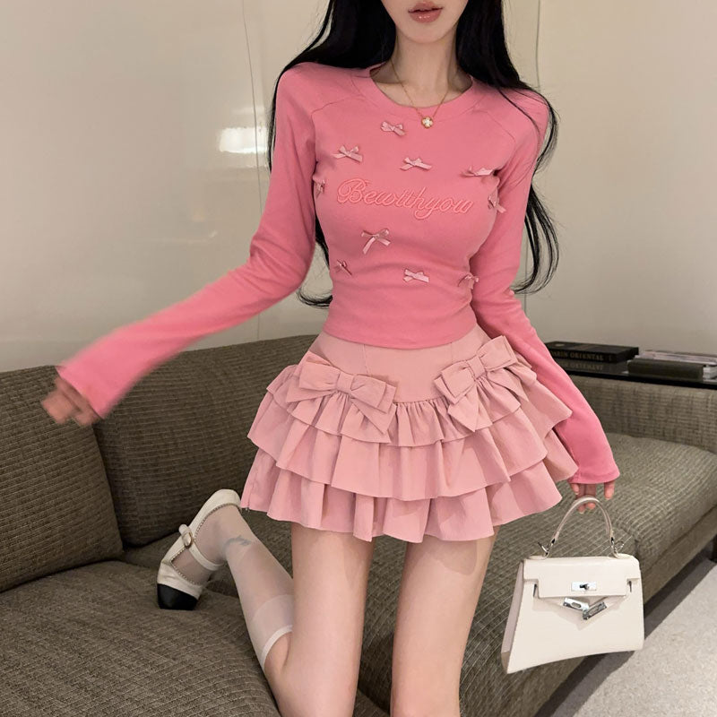 Sweet And Sexy Bow Embroidered Round Neck Long-Sleeved T-Shirt High Waist Skirt Suit