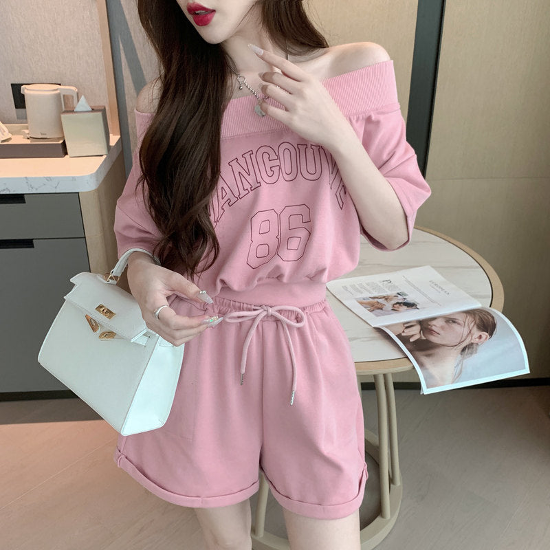Athleisure-Style Off-Shoulder Printed T-Shirt And Shorts Set