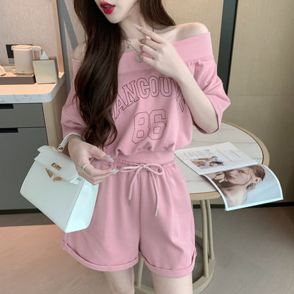 Athleisure-Style Off-Shoulder Printed T-Shirt And Shorts Set