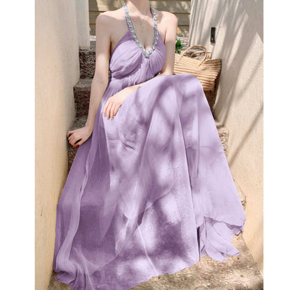 Yellow V-Neck Chiffon Vacation Dress