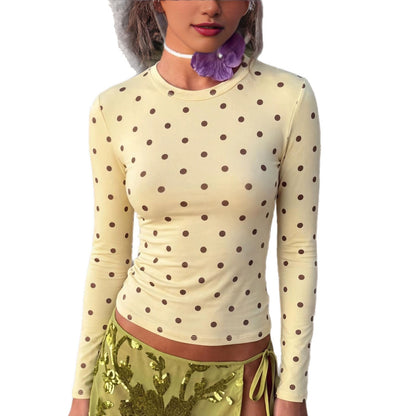 Crew Neck Long-Sleeved Polka Dot Print T-Shirt