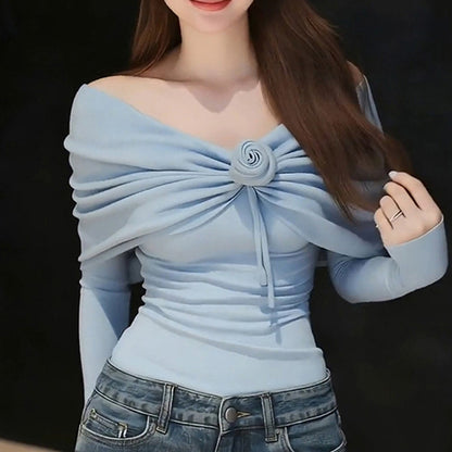 Sexy One-Shoulder 3d Floral Long-Sleeved Sweater