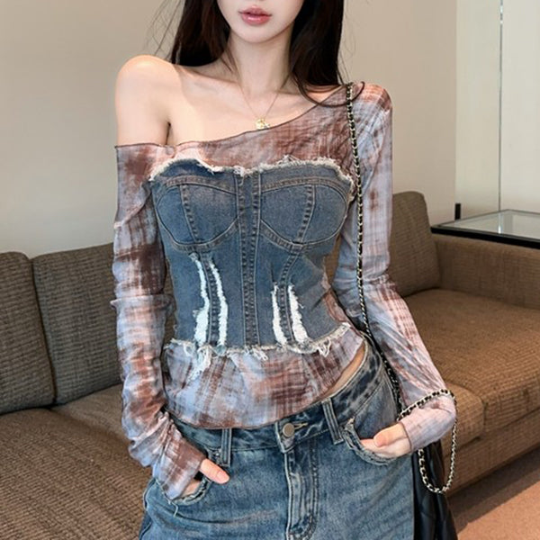 Printed Denim Long-Sleeved T-Shirt