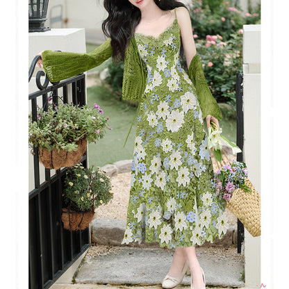 Green Cardigan And Hollow-Out Strap Dress Two-Piece Set