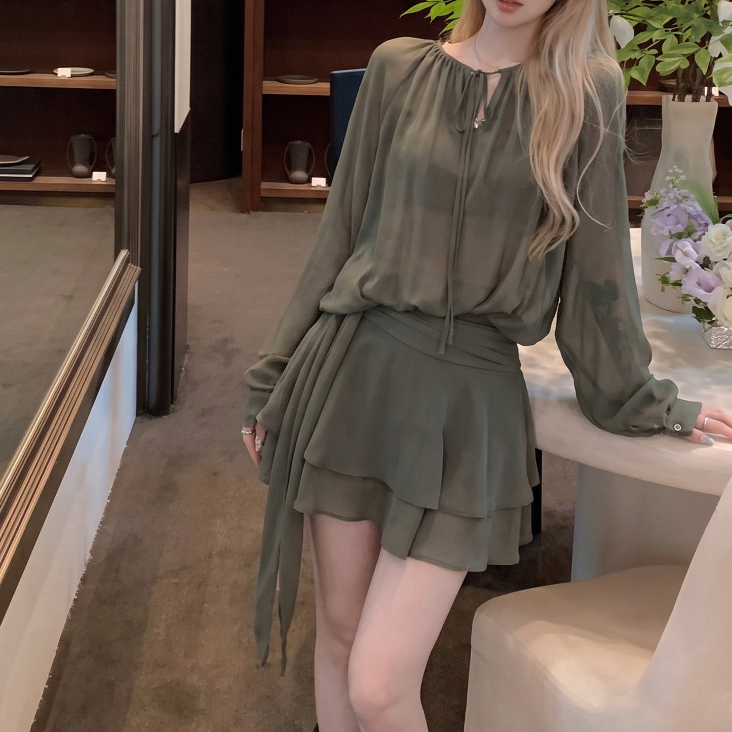 French-Style Lantern-Sleeve Tie-Waist Dress