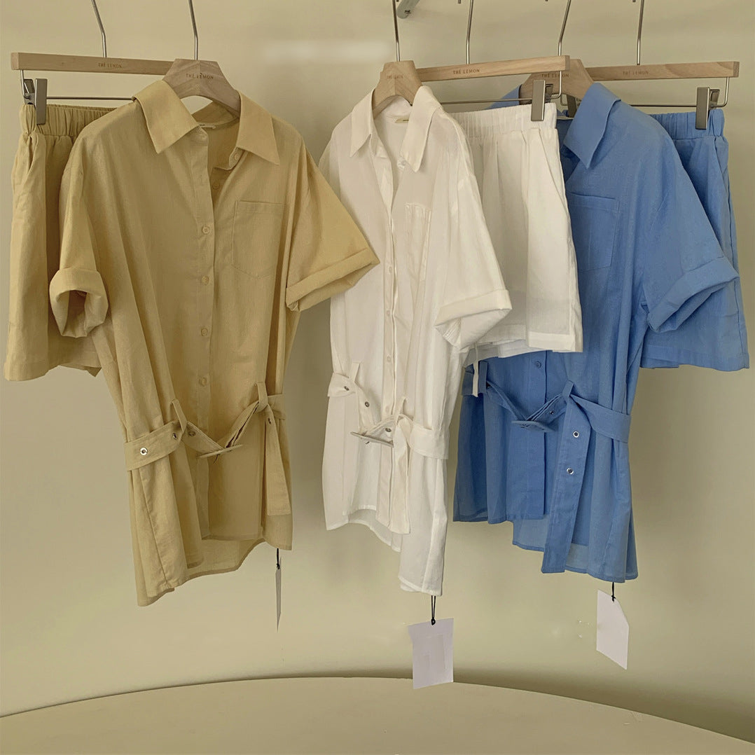Collared Short-Sleeve Shirt And High-Waisted Shorts Set