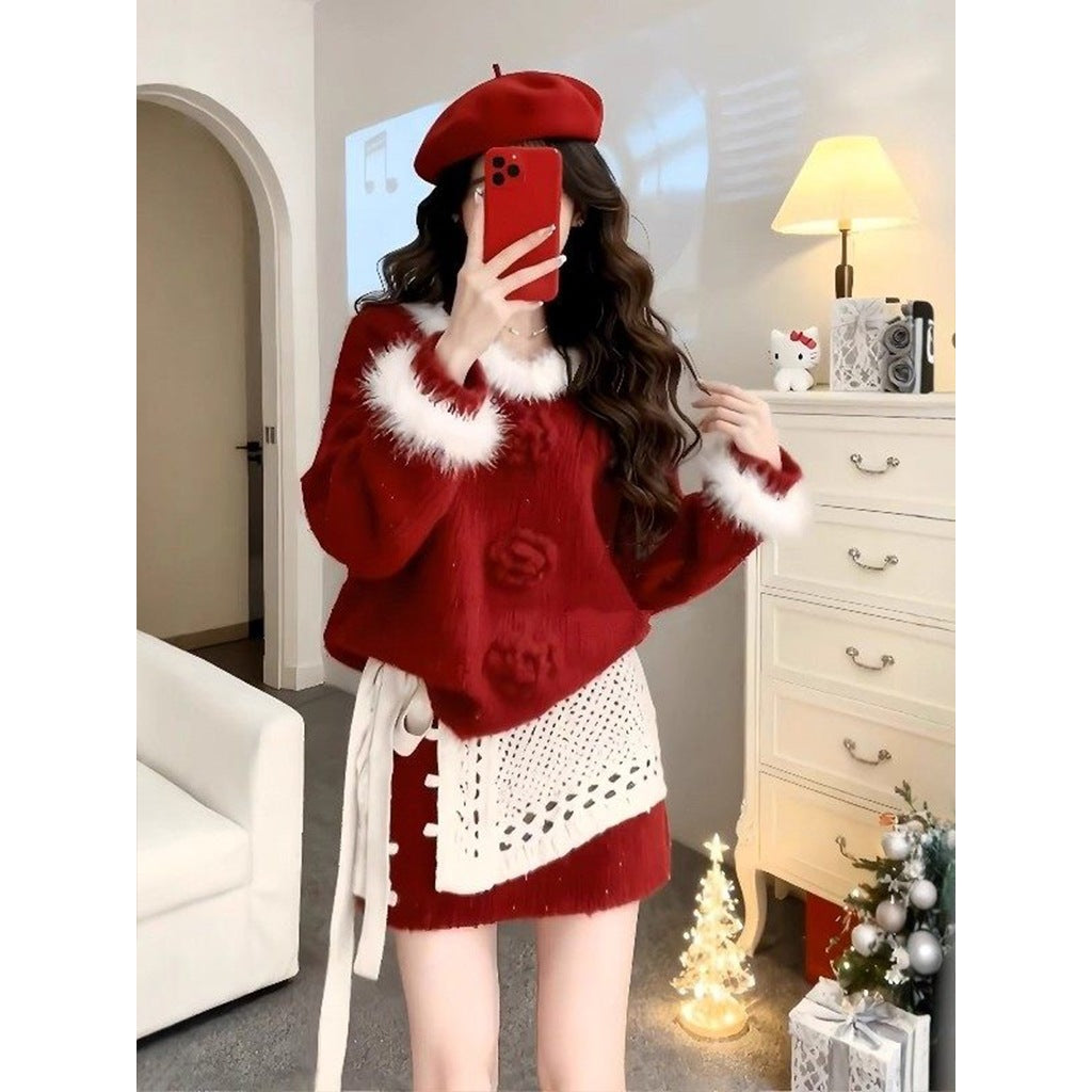 Christmas Top and High-Waisted Skirt Two-Piece Set