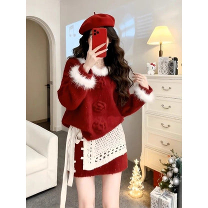 Christmas Top and High-Waisted Skirt Two-Piece Set