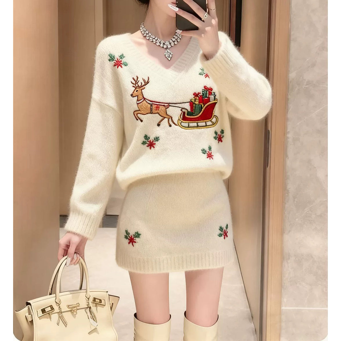 Stylish Reindeer Knit Top And Skirt Two-Piece Set